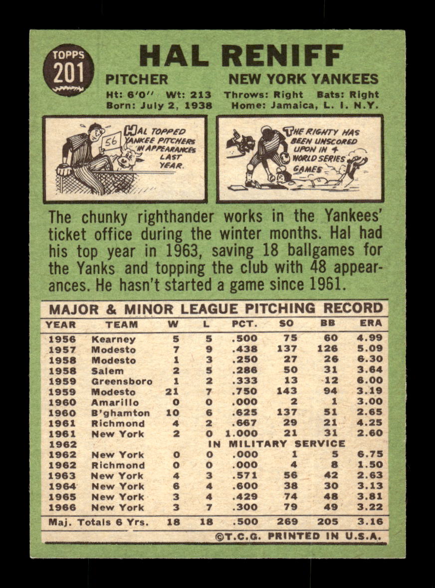 1967 Topps #201 Hal Reniff PACK FRESH HOF10010280