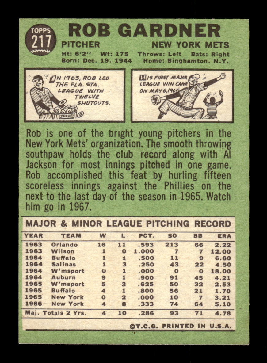 1967 Topps #217 Rob Gardner PACK FRESH HOF10010293