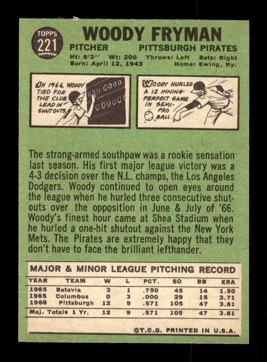 1967 Topps #221 Woody Fryman PACK FRESH HOF10010296