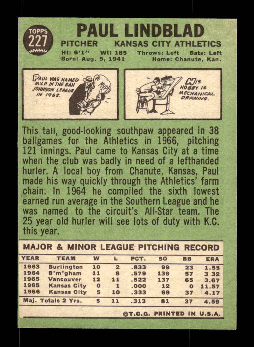1967 Topps #227 Paul Lindblad PACK FRESH HOF10010301