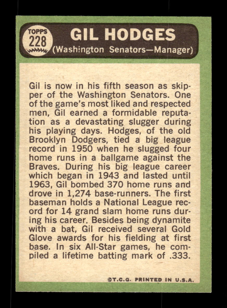 1967 Topps #228 Gil Hodges PACK FRESH HOF10010302