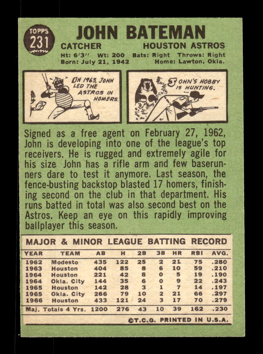 1967 Topps #231 John Bateman PACK FRESH HOF10010305