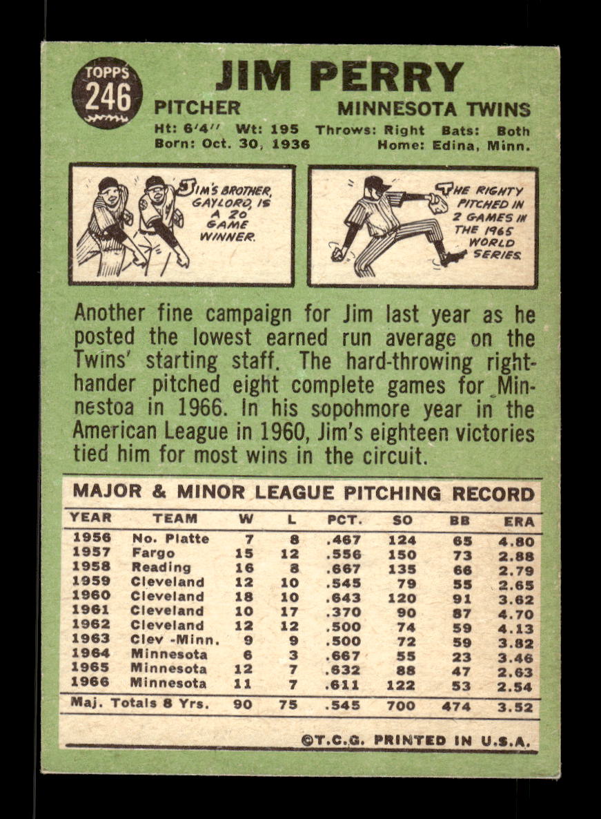 1967 Topps #246 Jim Perry Minnesota Twins EX HOF10010318