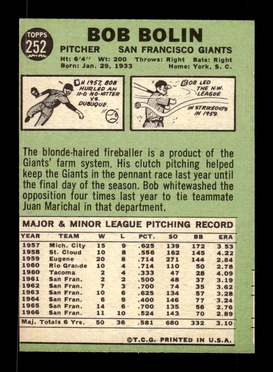 1967 Topps #252 Bob Bolin PACK FRESH HOF10010323