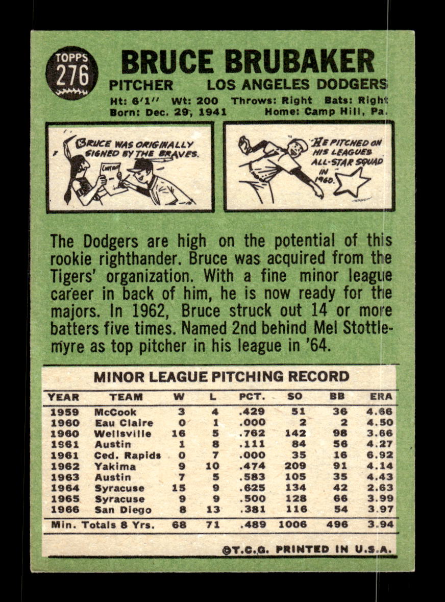1967 Topps #276 Bruce Brubaker PACK FRESH HOF10010346