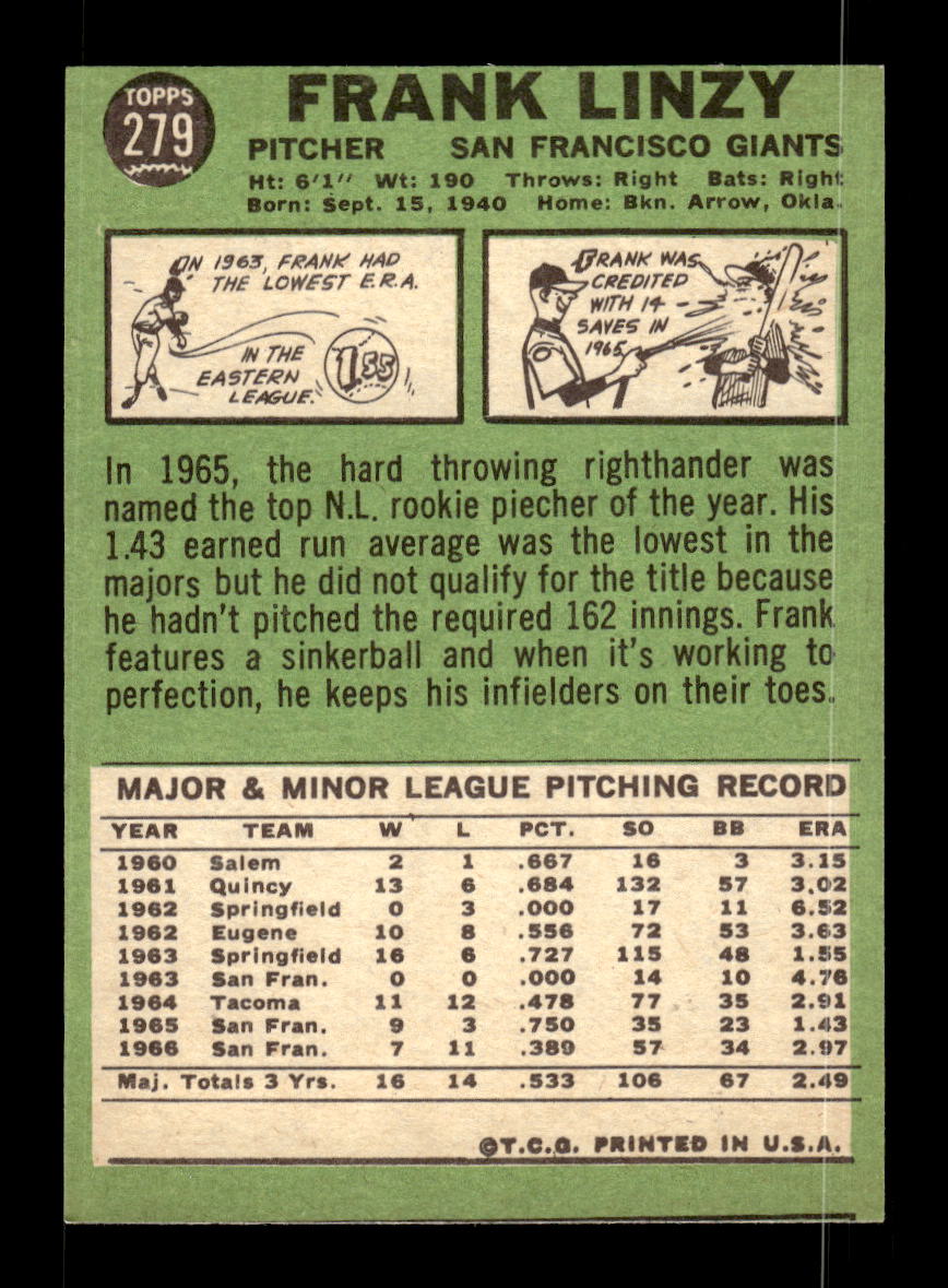 1967 Topps #279 Frank Linzy PACK FRESH HOF10010349