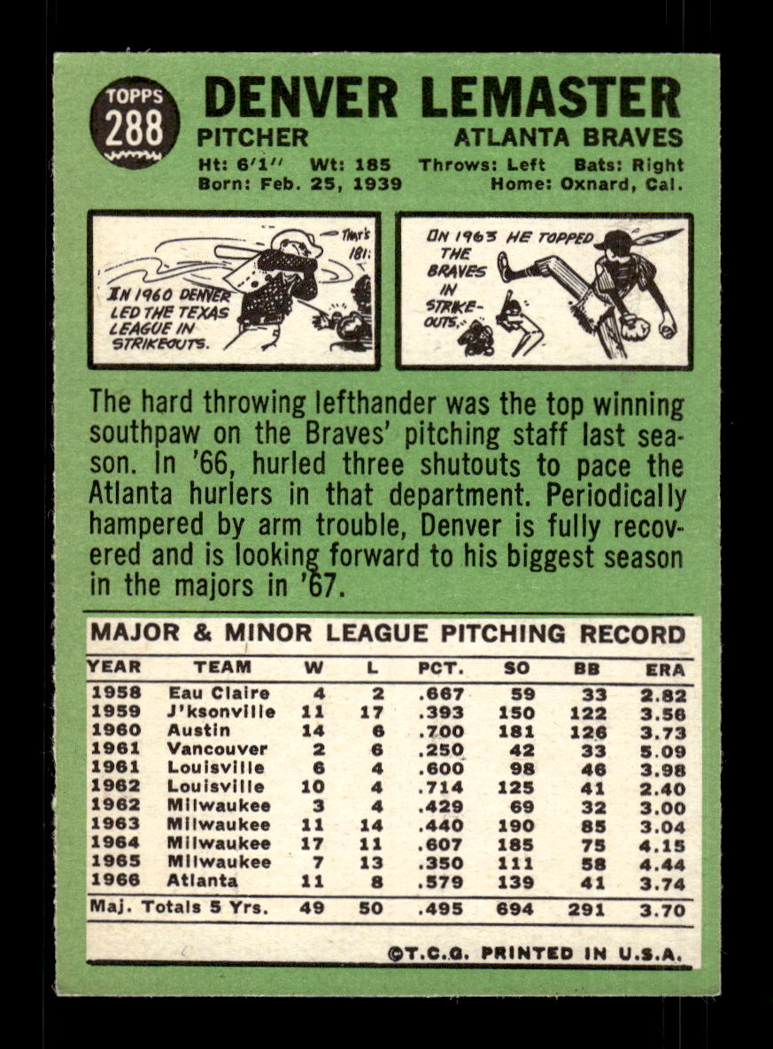 1967 Topps #288 Denver Lemaster PACK FRESH HOF10010357