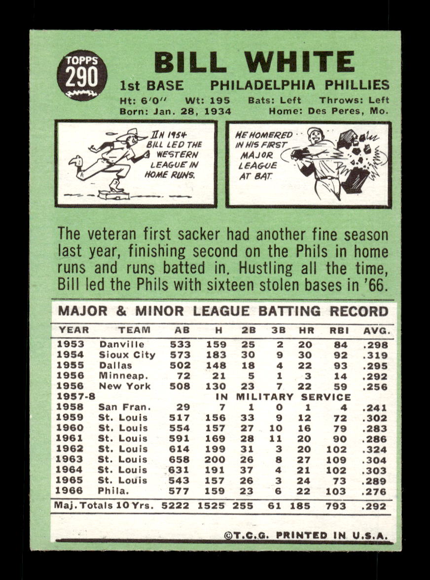 1967 Topps #290 Bill White PACK FRESH HOF10010358