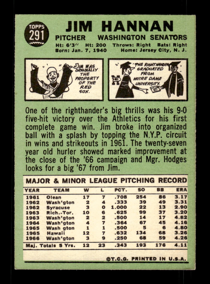 1967 Topps #291 Jim Hannan PACK FRESH HOF10010359