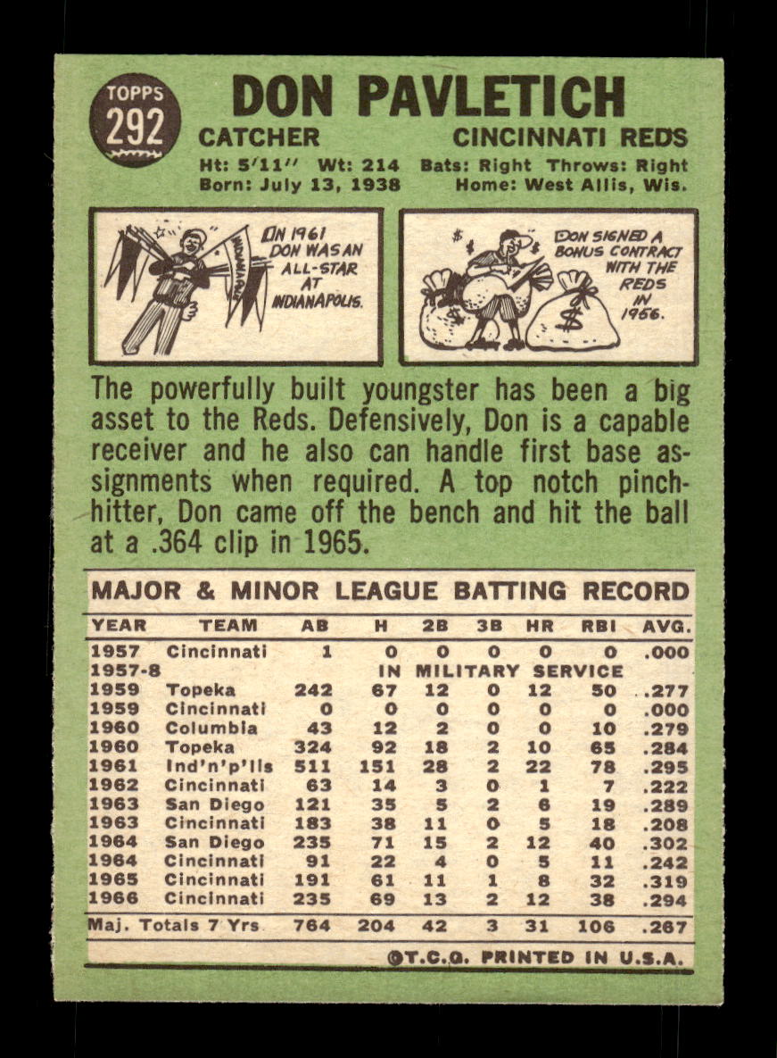 1967 Topps #292 Don Pavletich PACK FRESH HOF10010360