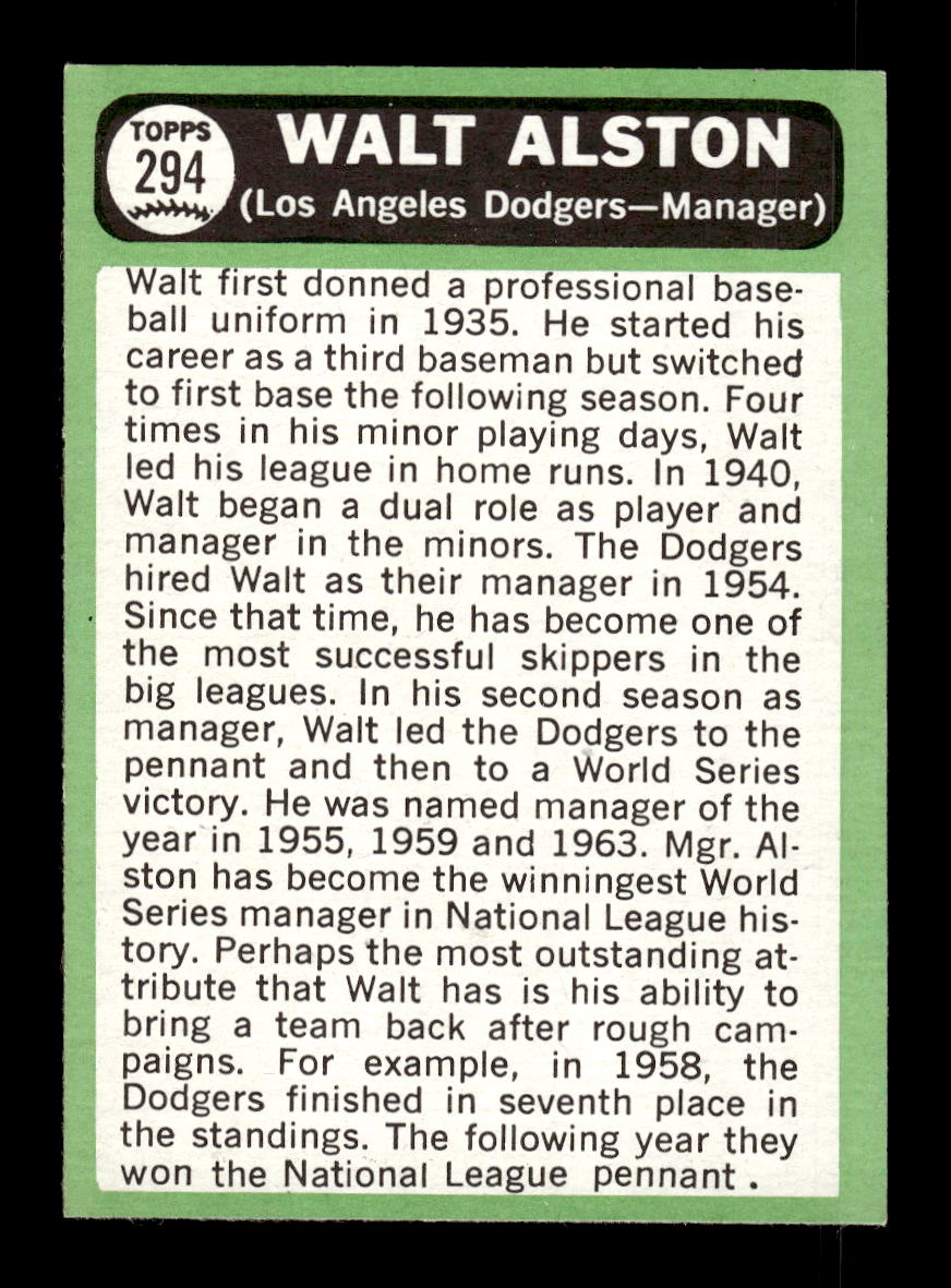 1967 Topps #294 Walt Alston PACK FRESH HOF10010362
