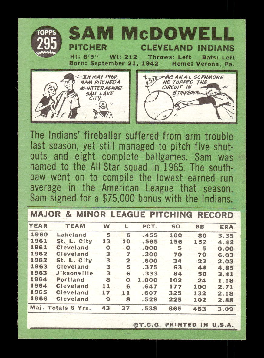 1967 Topps #295 Sam McDowell PACK FRESH HOF10010363