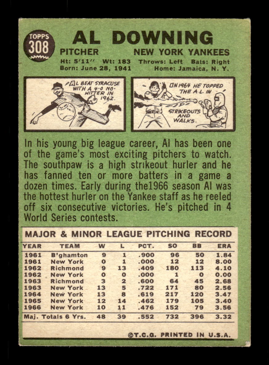 1967 Topps #308 Al Downing PACK FRESH HOF10010375