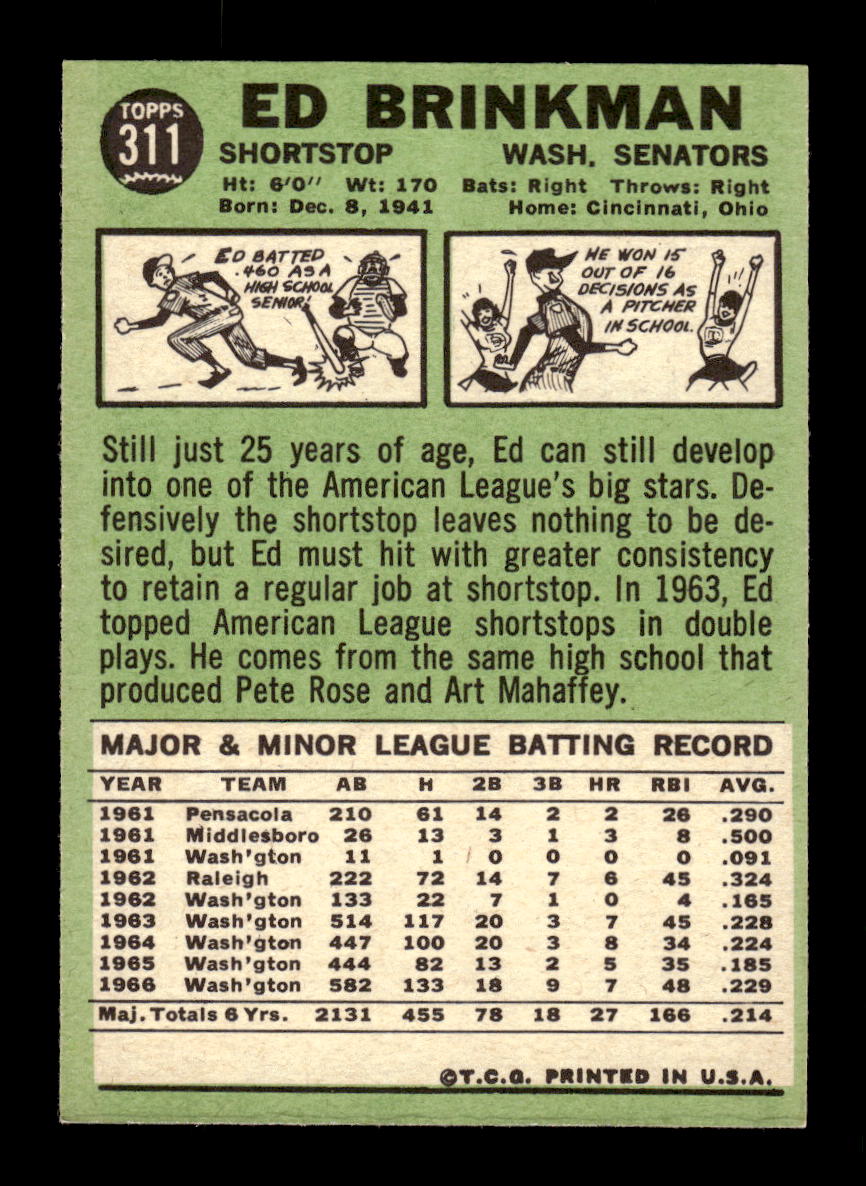 1967 Topps #311 Ed Brinkman PACK FRESH HOF10010378