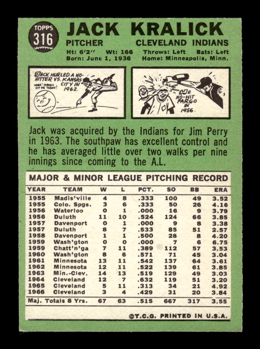 1967 Topps #316 Jack Kralick PACK FRESH HOF10010382