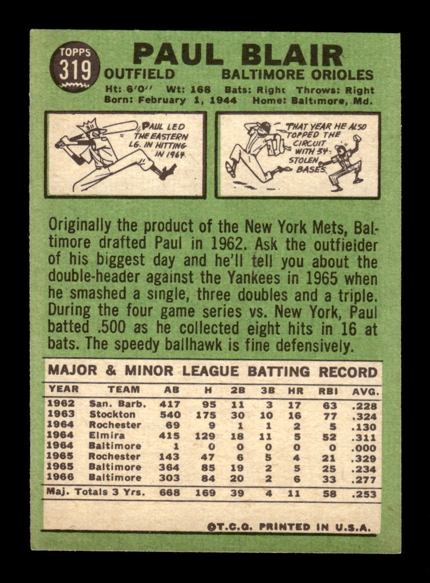 1967 Topps #319 Paul Blair PACK FRESH HOF10010385