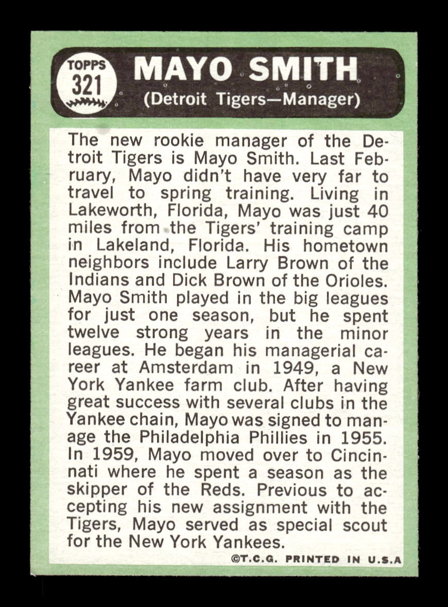 1967 Topps #321 Mayo Smith PACK FRESH HOF10010387