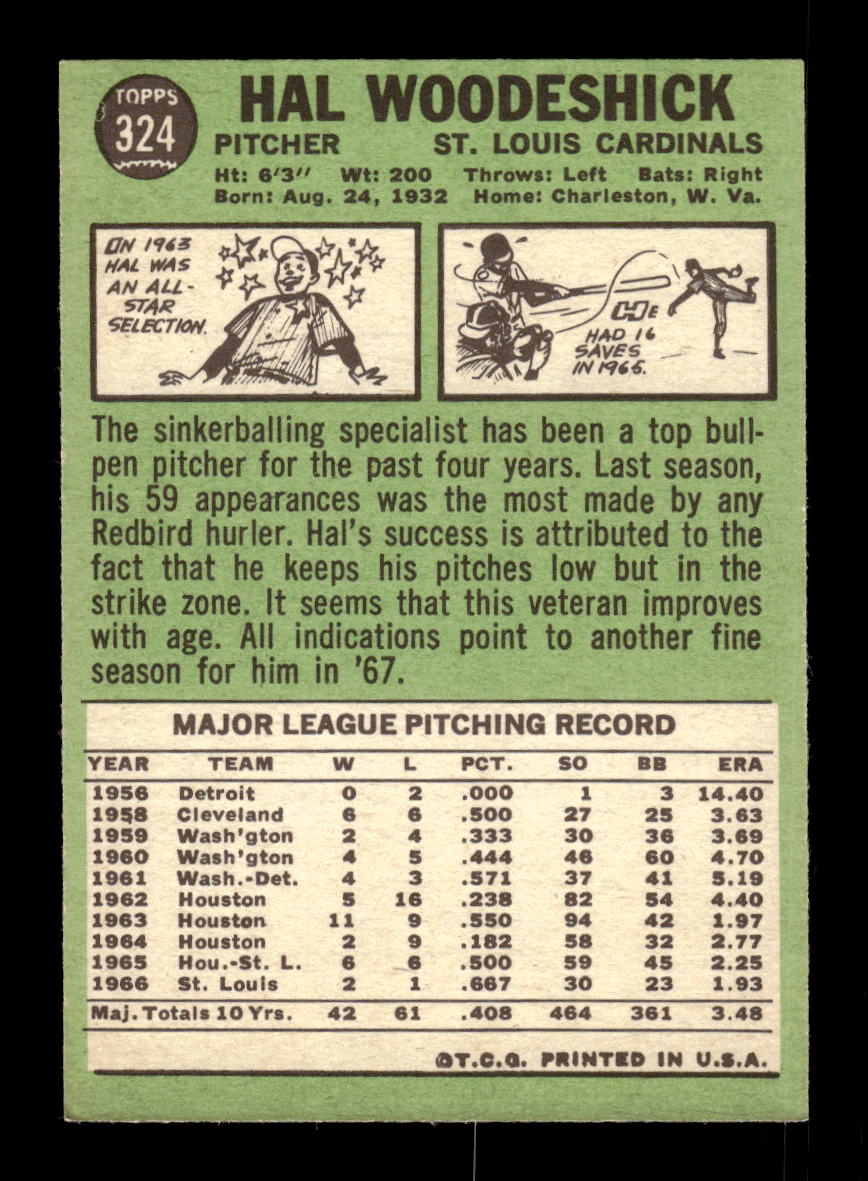 1967 Topps #324 Hal Woodeshick PACK FRESH HOF10010389