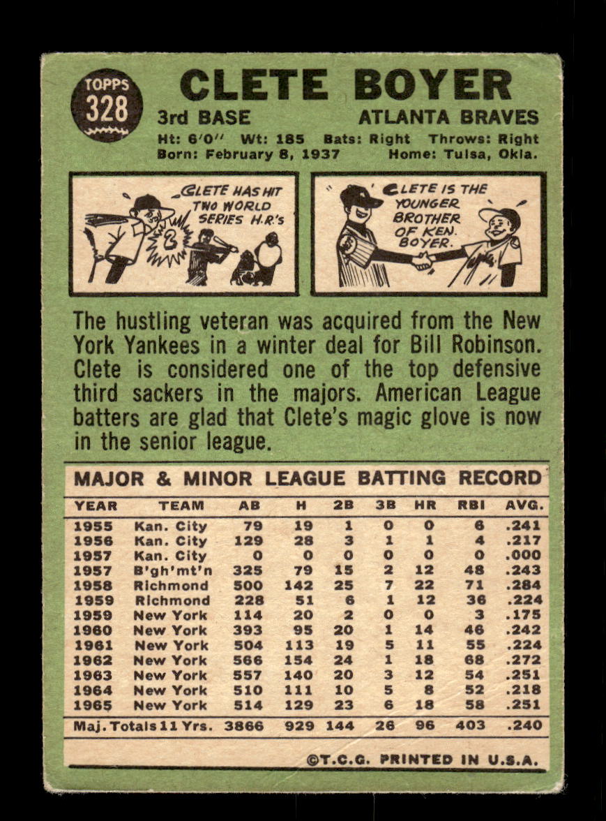 1967 Topps #328 Clete Boyer Atlanta Braves VGEX HOF10010392