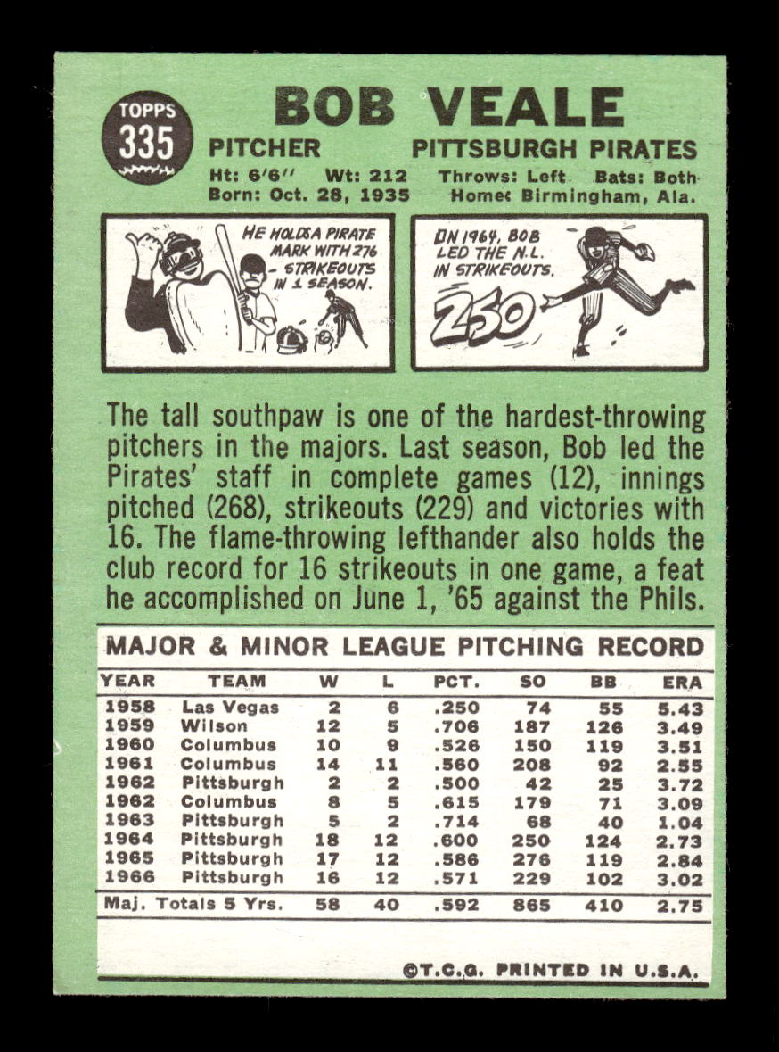 1967 Topps #335 Bob Veale PACK FRESH HOF10010398