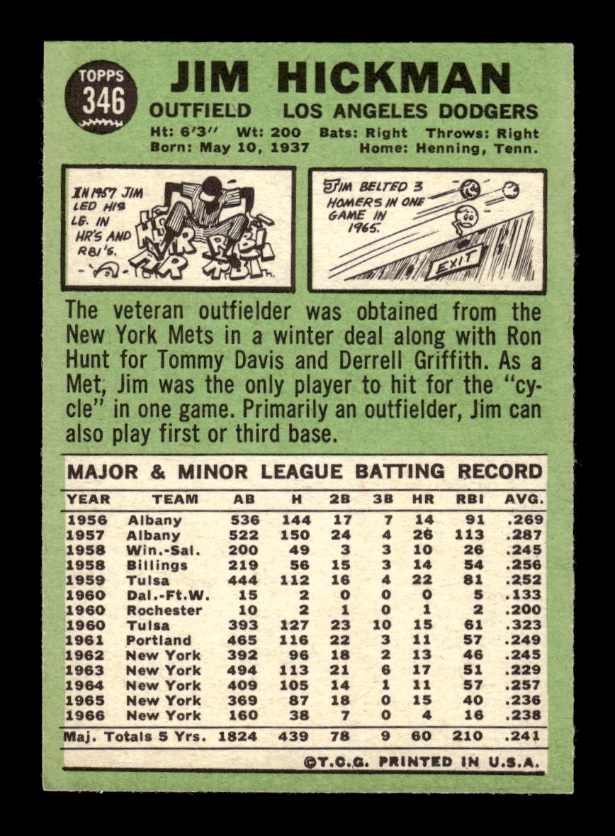1967 Topps #346 Jim Hickman PACK FRESH HOF10010407