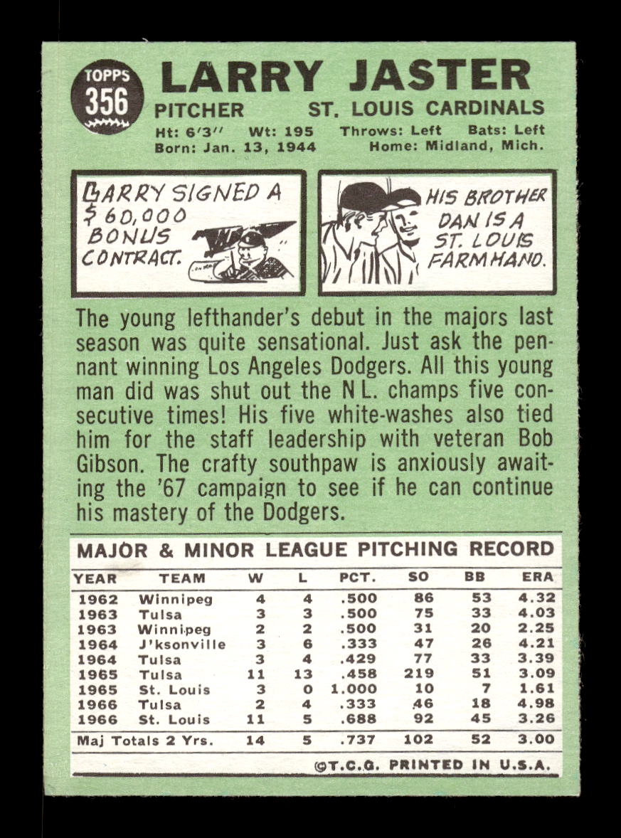 1967 Topps #356 Larry Jaster PACK FRESH HOF10010415
