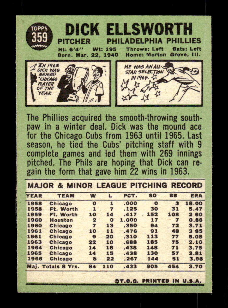 1967 Topps #359 Dick Ellsworth PACK FRESH HOF10010417