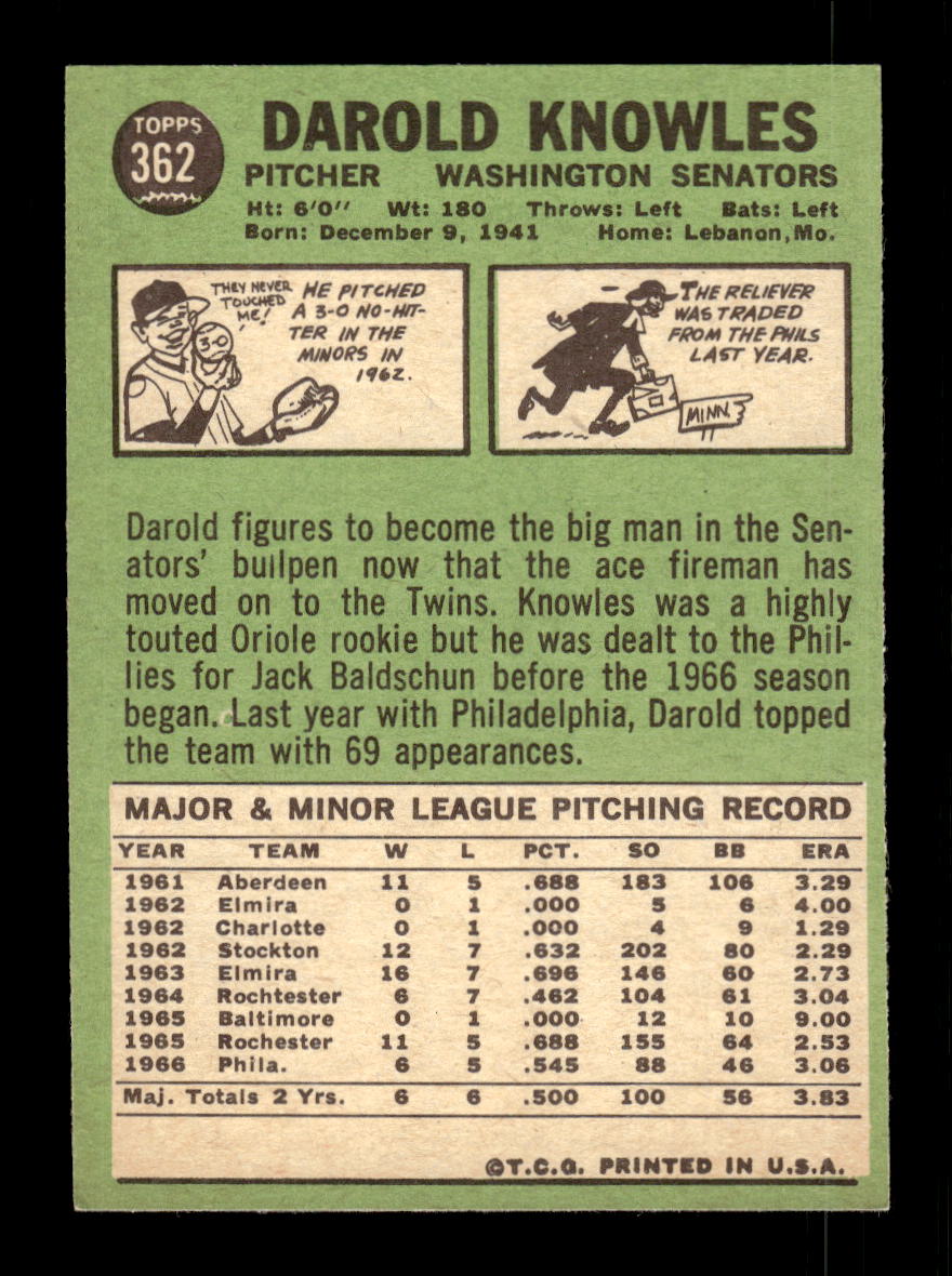 1967 Topps #362 Darold Knowles PACK FRESH HOF10010419