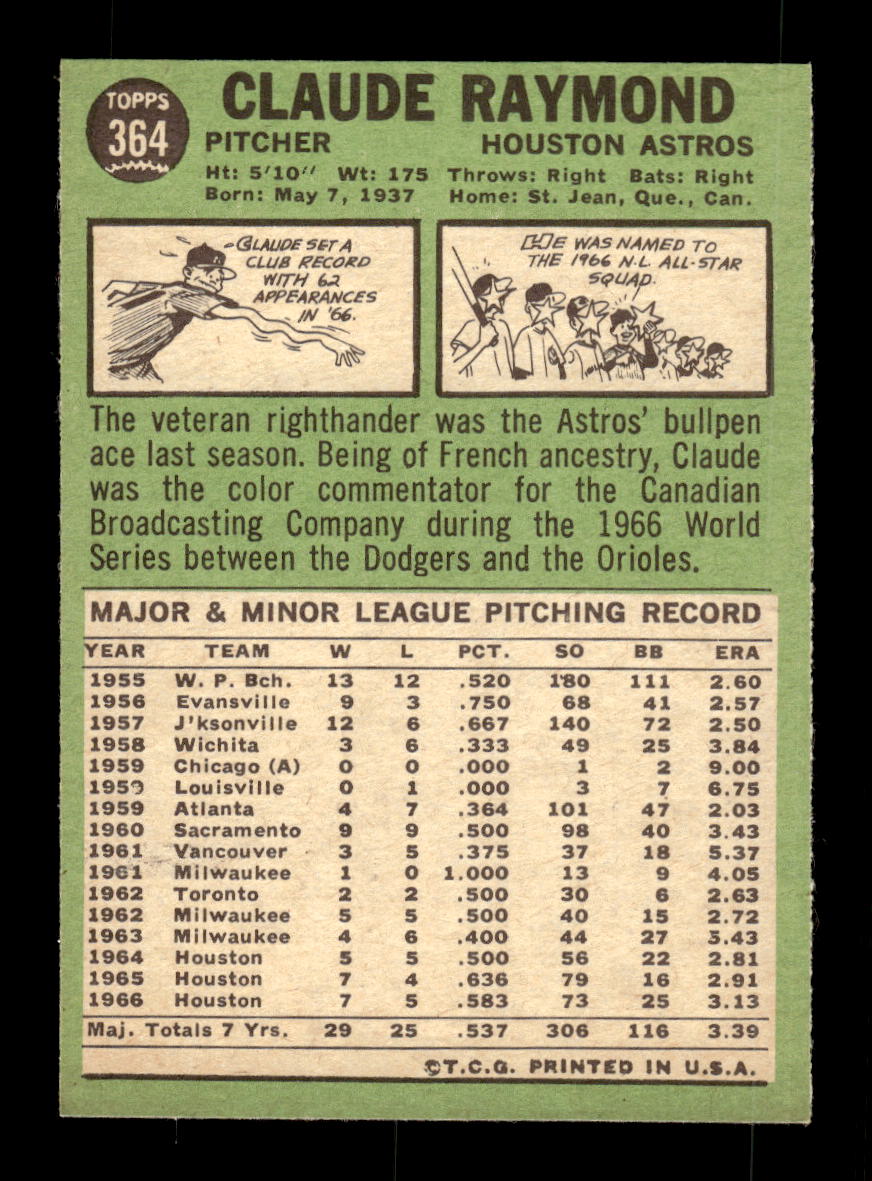 1967 Topps #364 Claude Raymond PACK FRESH HOF10010420