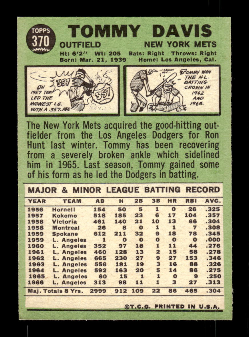 1967 Topps #370 Tommy Davis PACK FRESH HOF10010424