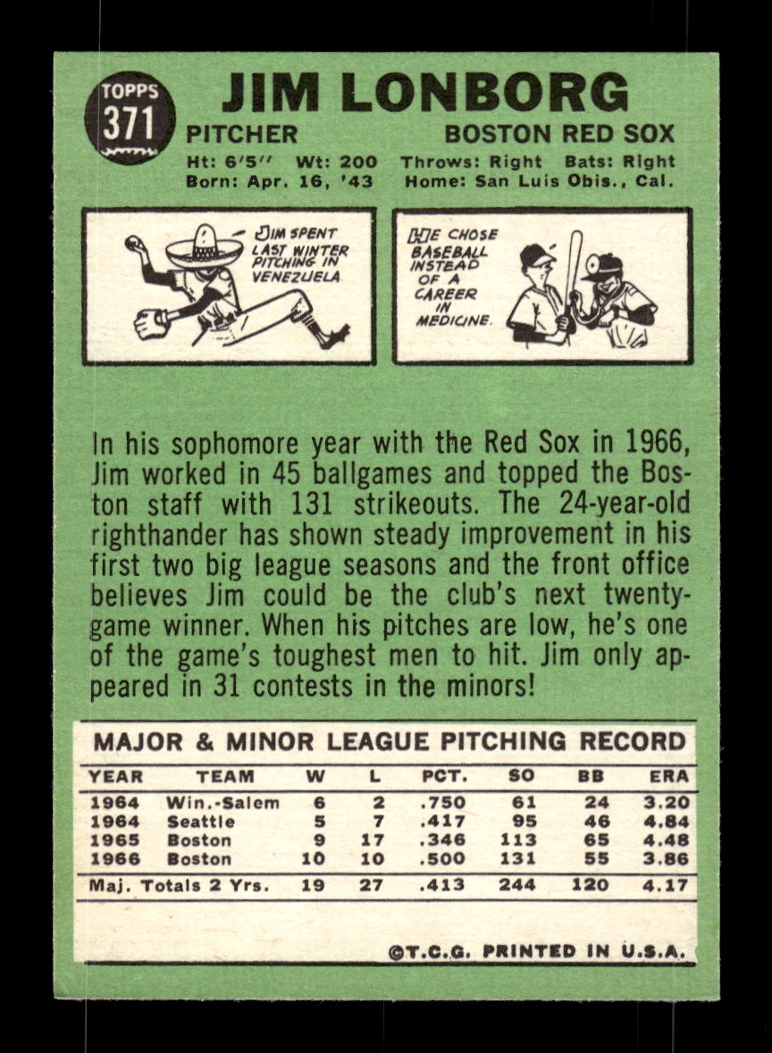 1967 Topps #371 Jim Lonborg PACK FRESH HOF10010425