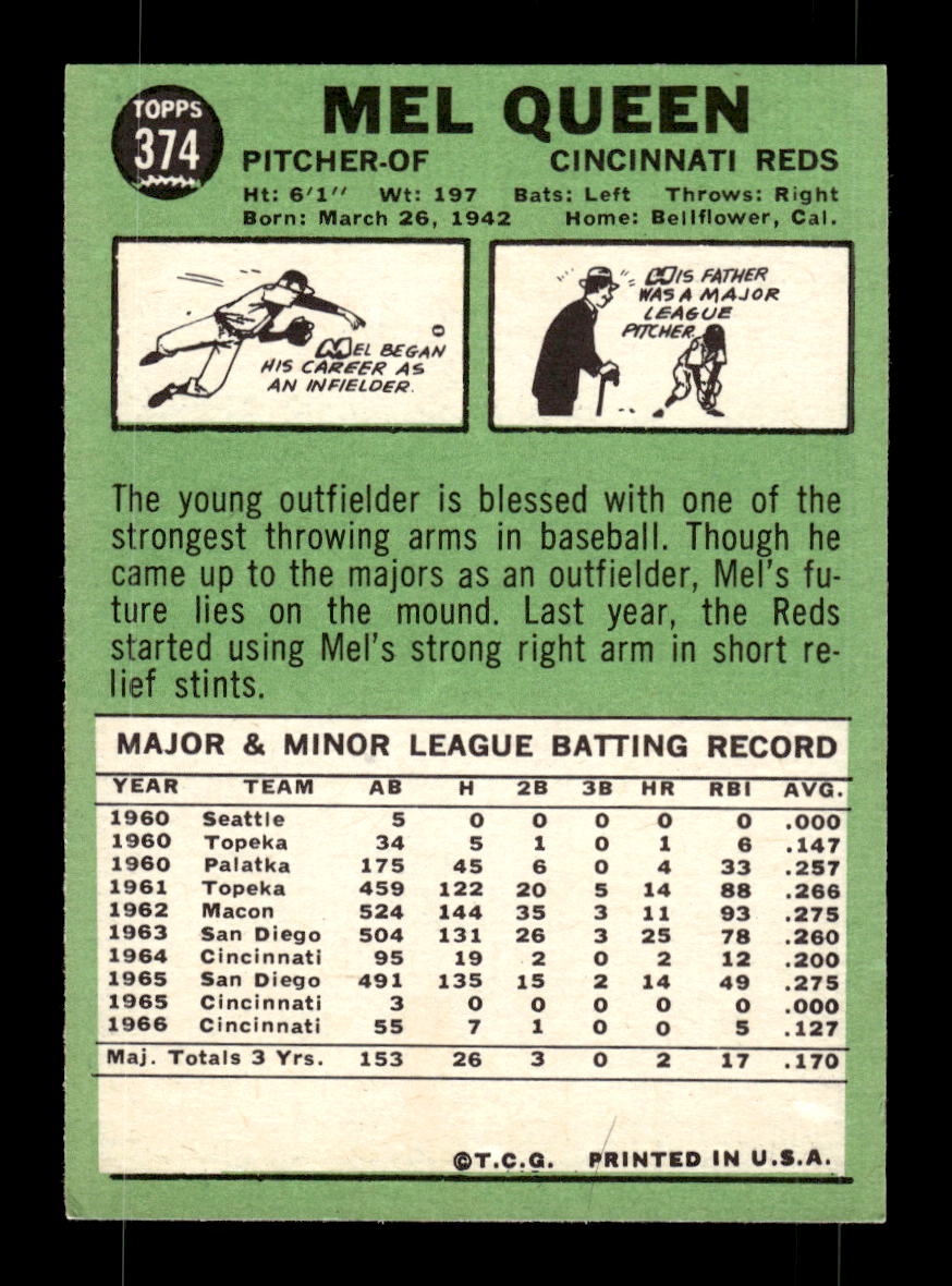 1967 Topps #374b Mel Queen PACK FRESH HOF10010428