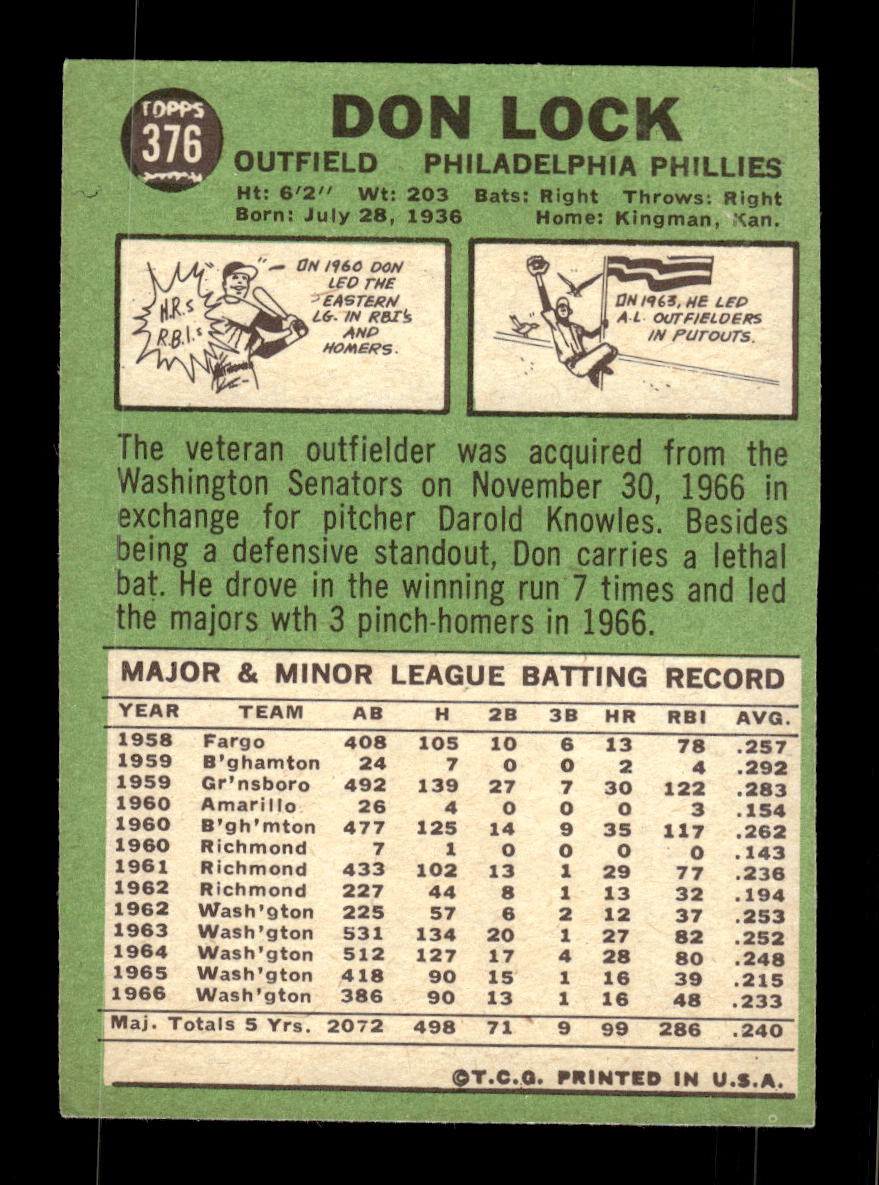 1967 Topps #376 Don Lock PACK FRESH HOF10010430