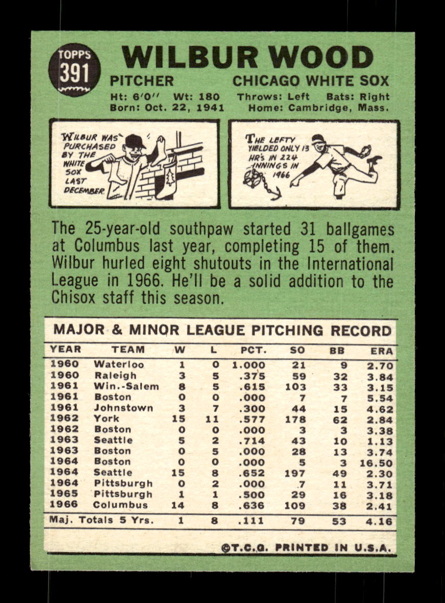 1967 Topps #391 Wilbur Wood PACK FRESH HOF10010443
