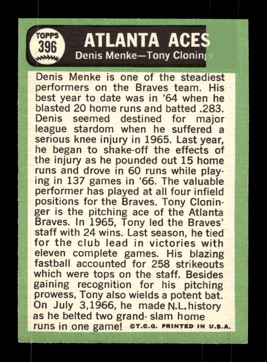 1967 Topps #396 Atlanta Aces PACK FRESH HOF10010448