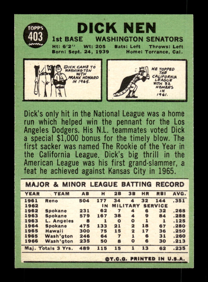 1967 Topps #403 Dick Nen PACK FRESH HOF10010455
