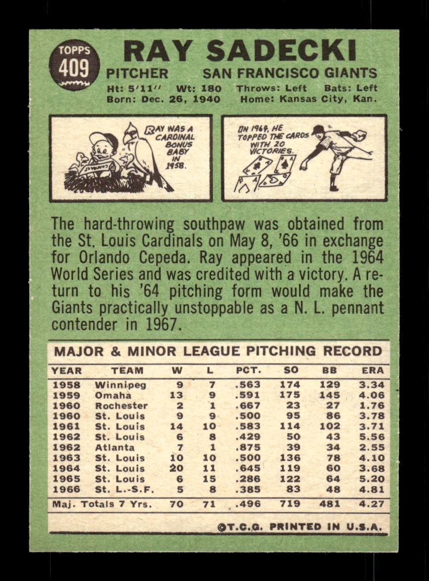 1967 Topps #409 Ray Sadecki PACK FRESH HOF10010460