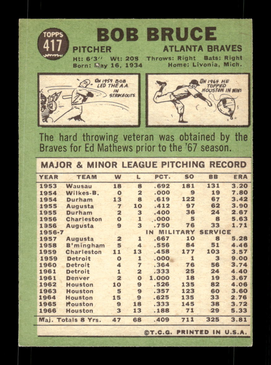 1967 Topps #417a Bob Bruce PACK FRESH HOF10010467
