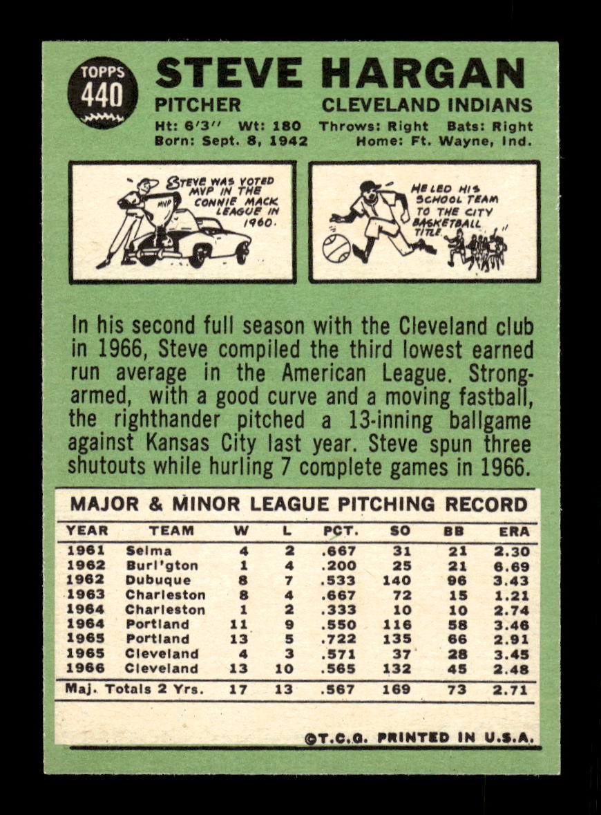 1967 Topps #440 Steve Hargan PACK FRESH HOF10010484