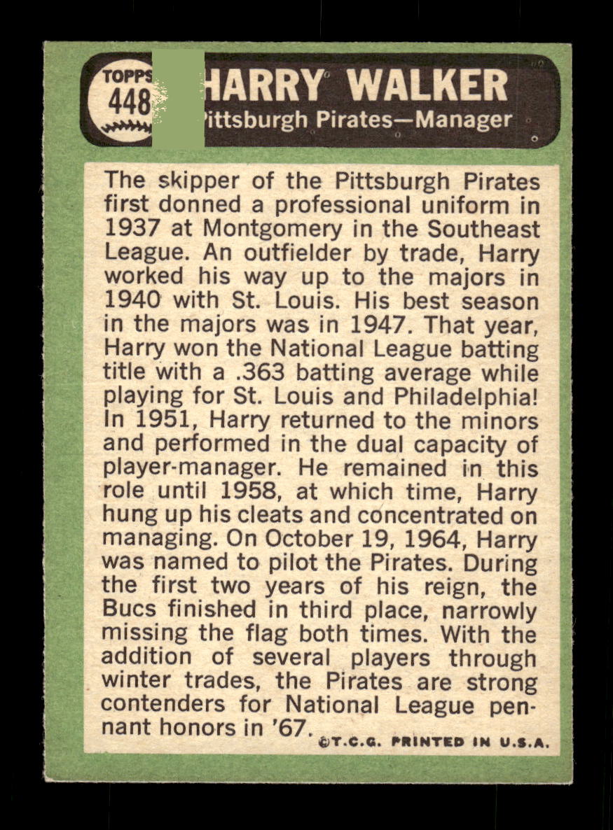 1967 Topps #448 Harry Walker PACK FRESH HOF10010492