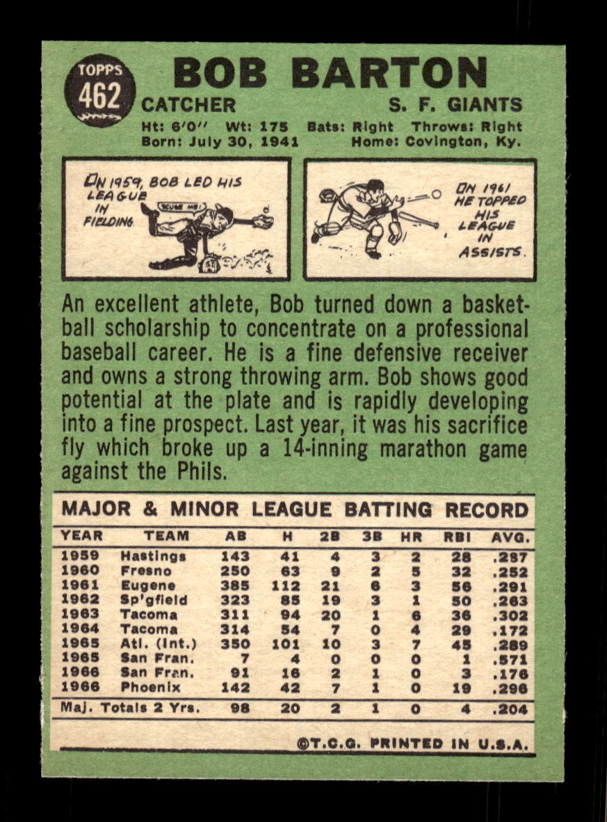 1967 Topps #462 Bob Barton PACK FRESH HOF10010503