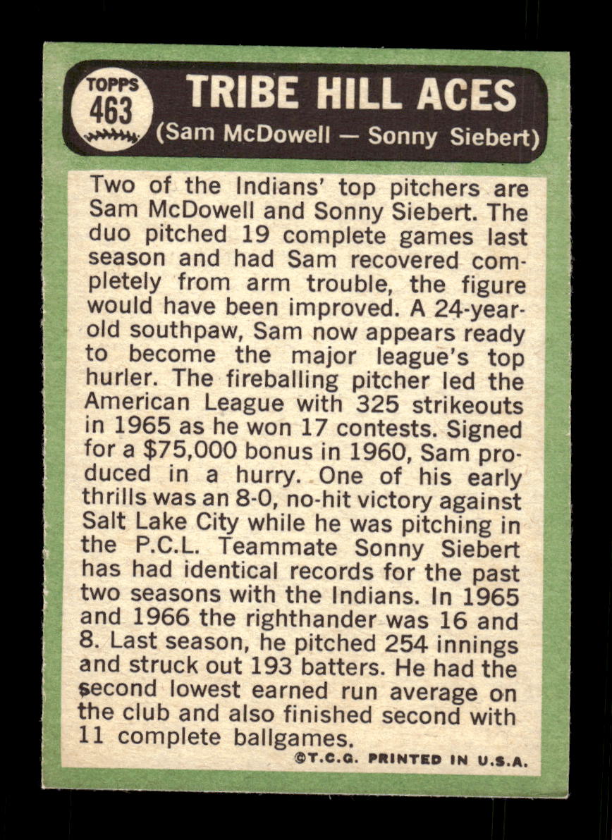 1967 Topps #463 Hill Aces (Sam McDowell / Sonny Siebert) PACK FRESH HOF10010504
