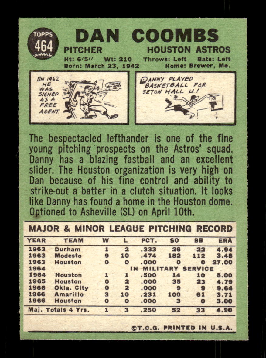 1967 Topps #464 Dan Coombs PACK FRESH HOF10010505