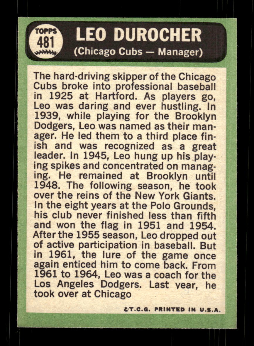1967 Topps #481 Leo Durocher PACK FRESH HOF10010516