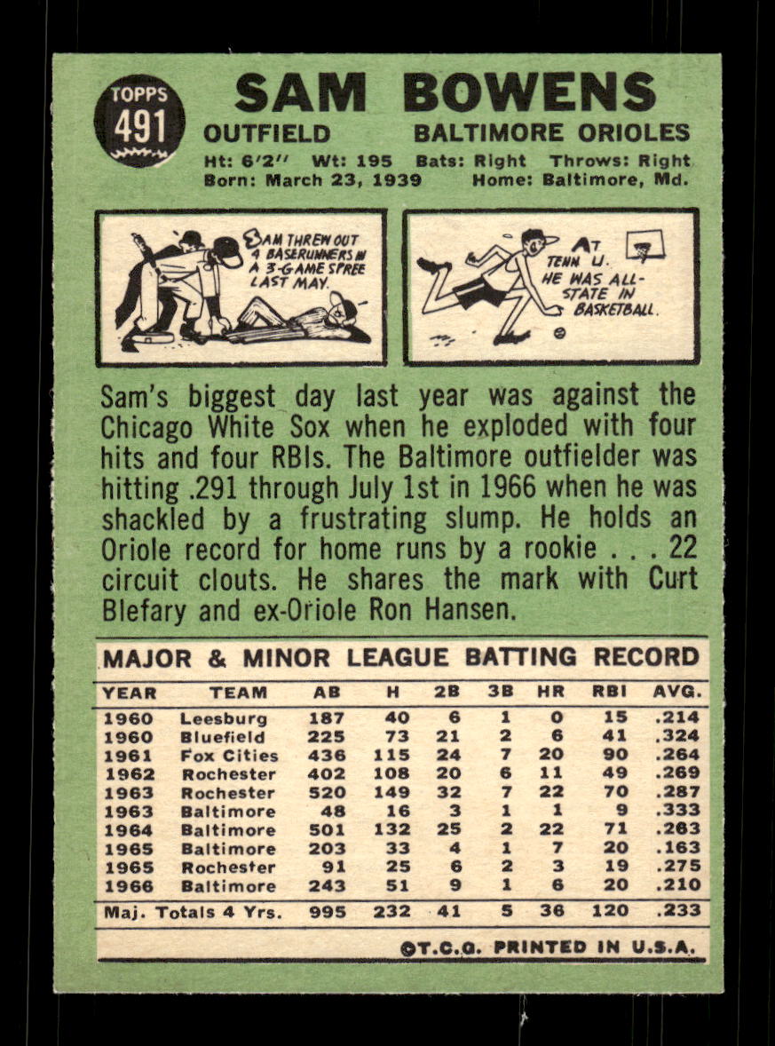 1967 Topps #491 Sam Bowens PACK FRESH HOF10010519