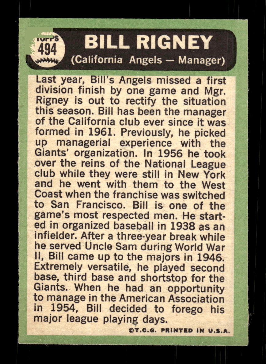 1967 Topps #494 Bill Rigney PACK FRESH HOF10010520
