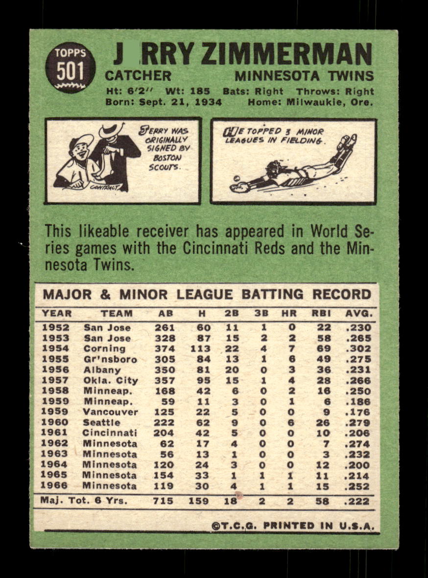 1967 Topps #501 Jerry Zimmerman PACK FRESH HOF10010522