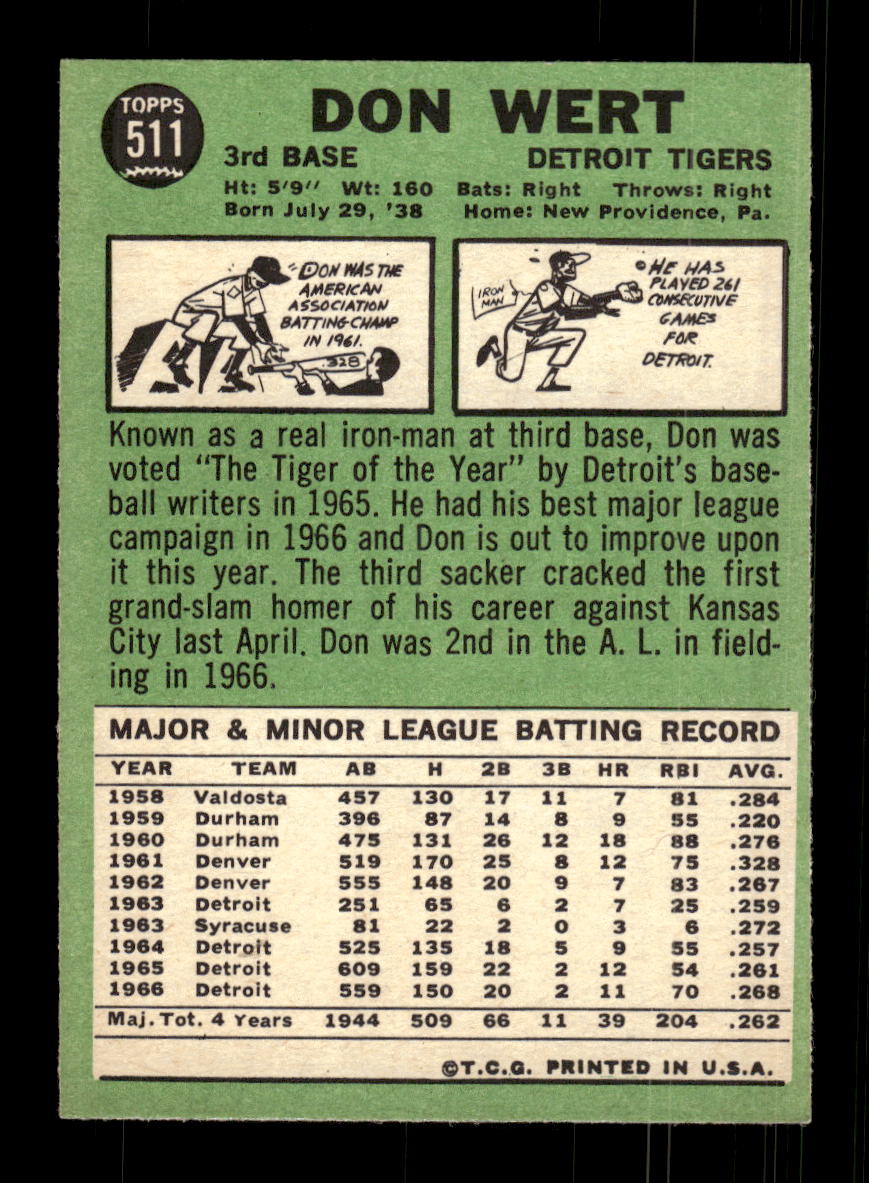 1967 Topps #511 Don Wert PACK FRESH HOF10010529