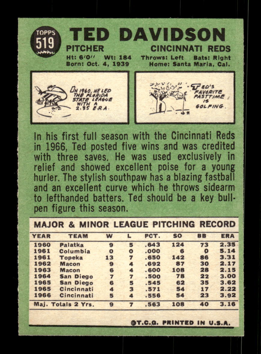 1967 Topps #519 Ted Davidson PACK FRESH HOF10010533