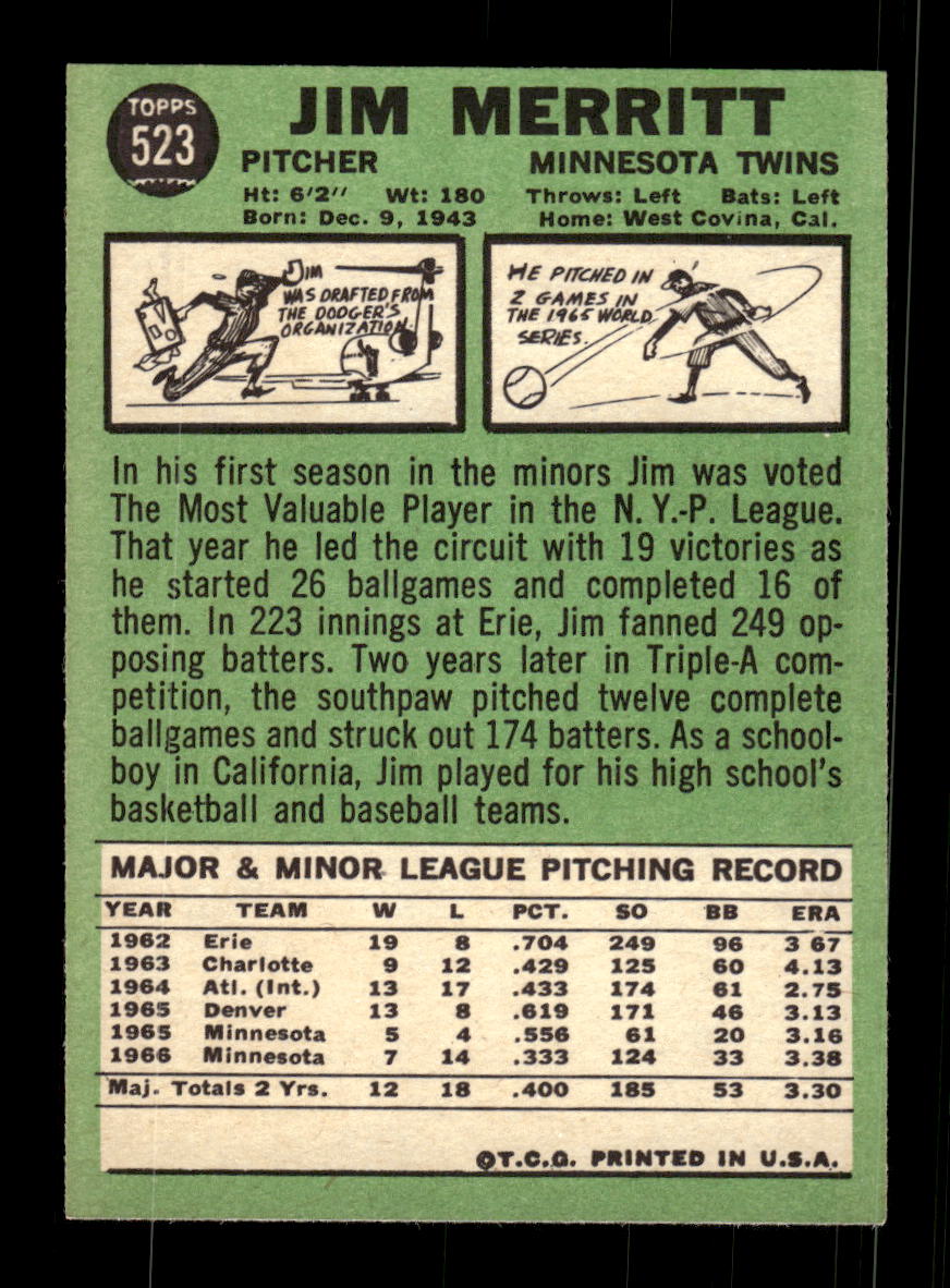 1967 Topps #523 Jim Merritt PACK FRESH HOF10010535